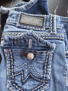 Miss Me Blue Denim Jeans with White Topstitching and Silver Button